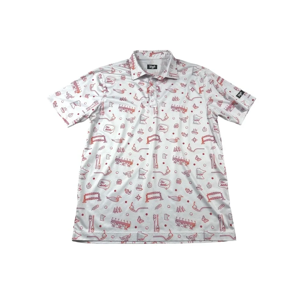 Waggle Golf Mens Minnesota You Betcha Performance Polo Shirt White Red Large - Picture 2 of 7